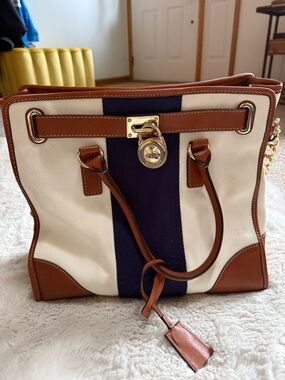 Michael Kors Leather-Trim Canvas Tote Bag with Navy Stripe - Brown & Cream